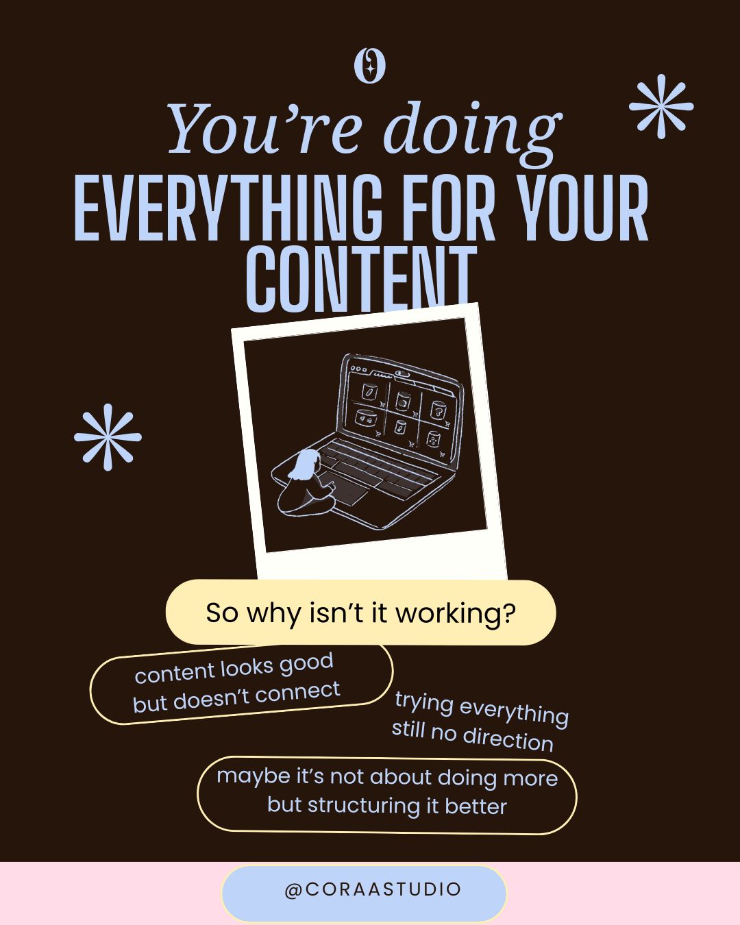 Social media graphic with the topic “You're Doing Everything For Your Content, so why isn't it working?” on a blue background.