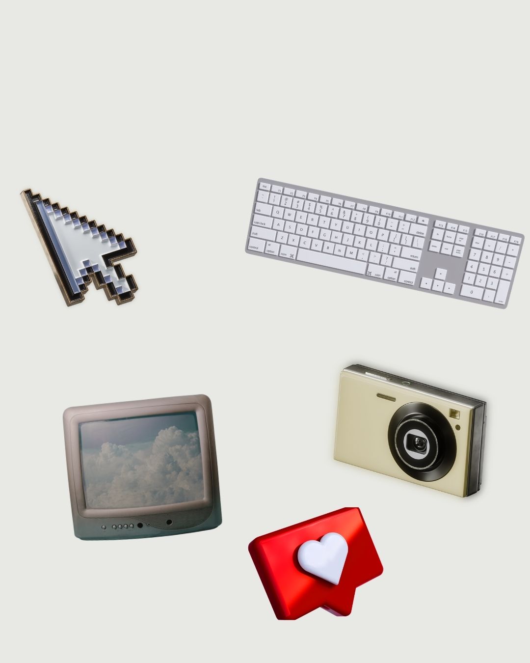 Social media graphic with varied social media and digital elements such as digital pointer, camera, keyboard, TV and a Like icon of social media on a white background.