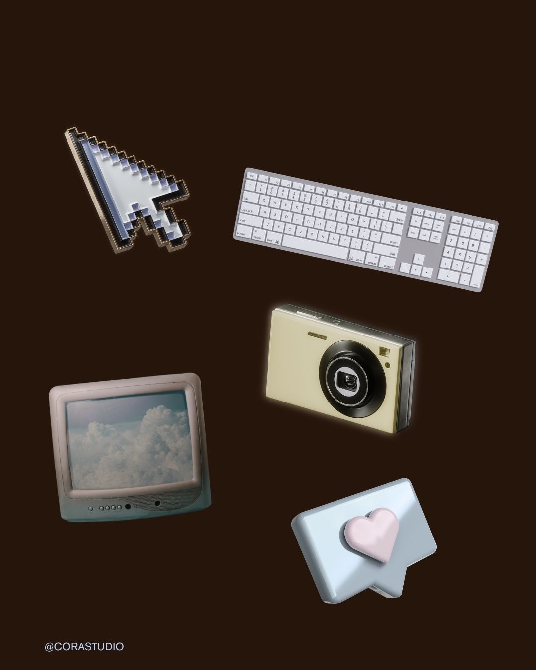 Social media graphic with varied social media and digital elements such as digital pointer, camera, keyboard, TV and a Like icon of social media on a brown background.