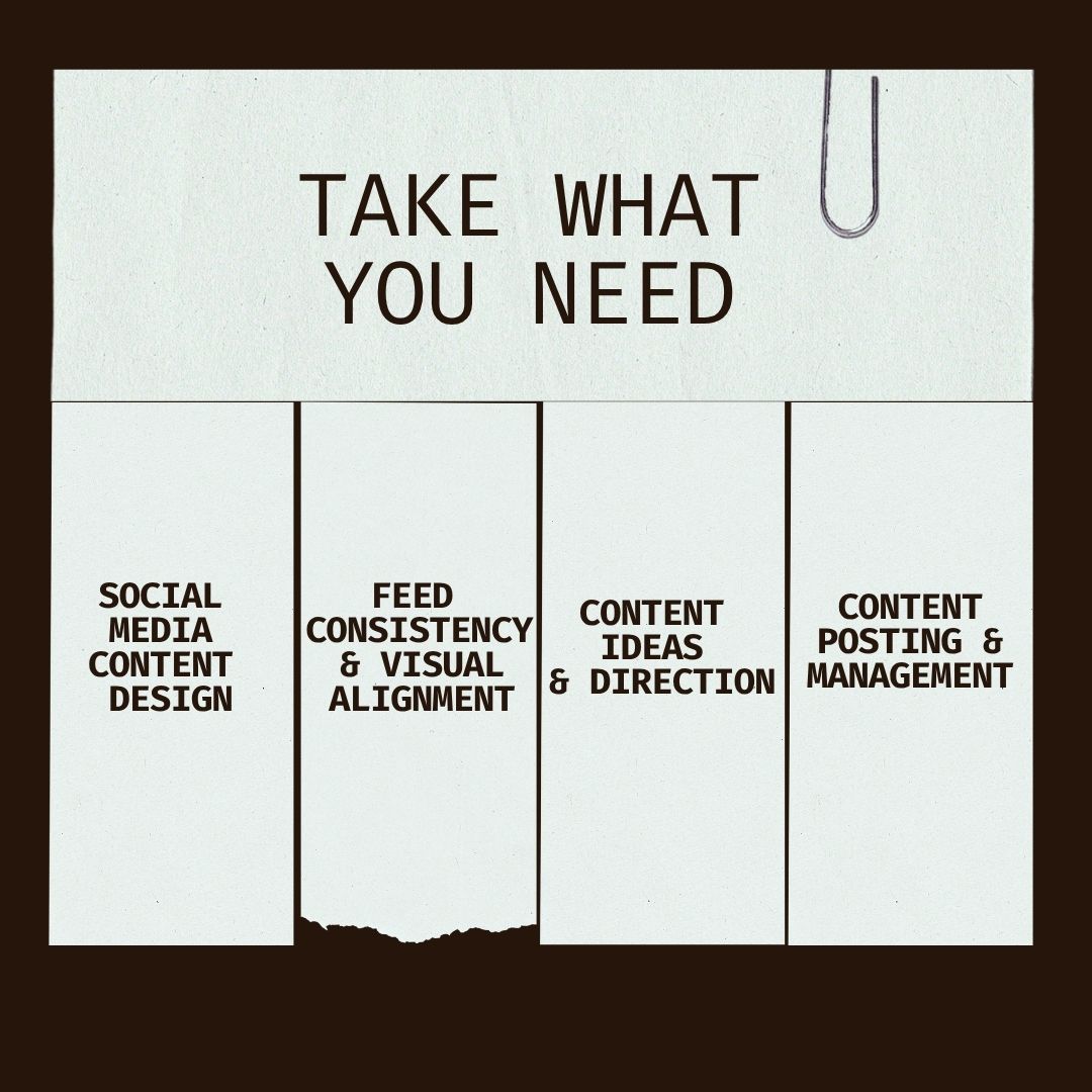 Take What You Need service list showing social media content design, feed consistency and visual alignment, content ideas and direction, and content posting and management.